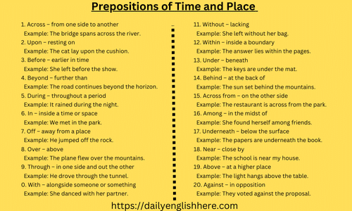 Prepositions of Time and Place-Example with Sentences