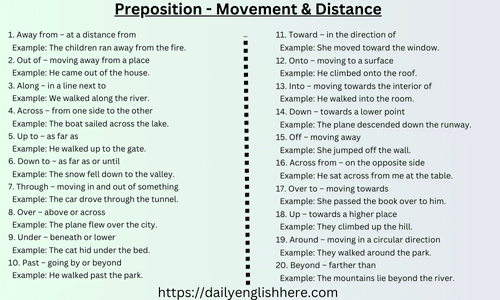 Prepositions of Movement and Distance-Example with Sentences