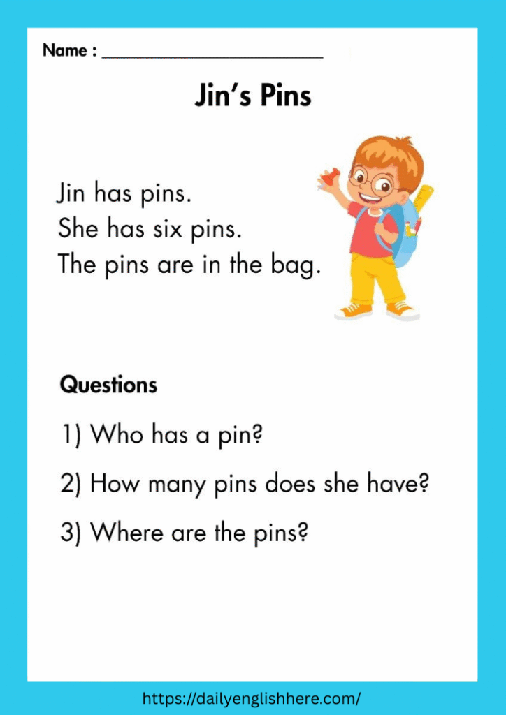 Jin's Pins Reading Passage First Grade Fun 1 19 1