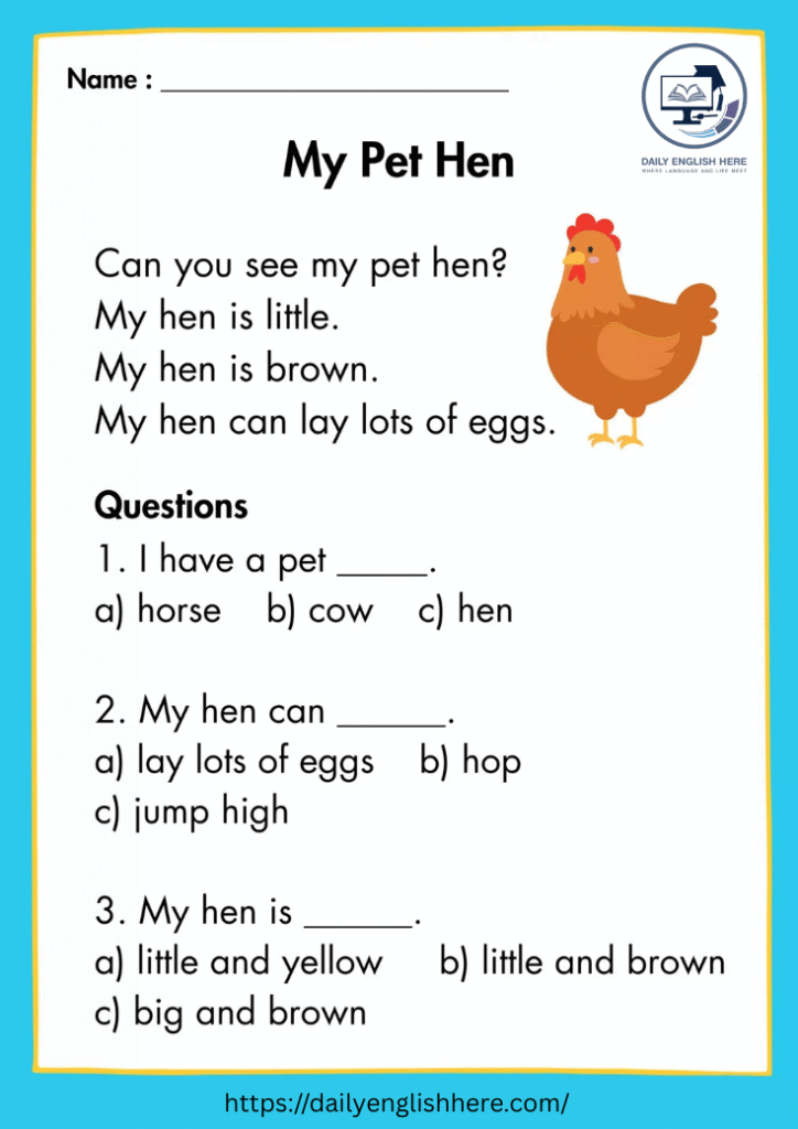 My Pet Hen Reading Worksheet for Young Readers 1 36 1